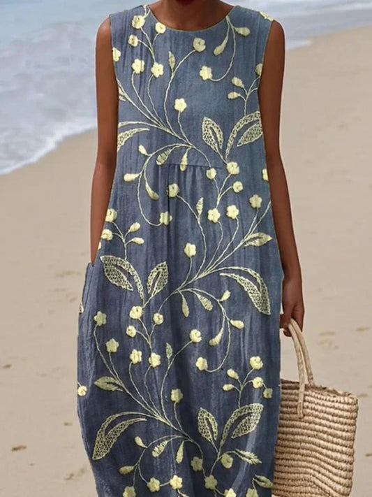 Women's sleeveless floral print dress, cotton and linen