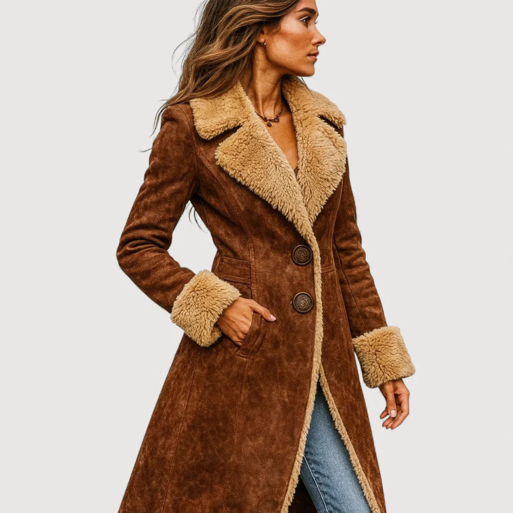 Women’s Longline Shearling-Trim Suede-Look Winter Coat
