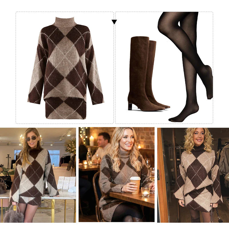 Women’s Argyle Knit Sweater and Mini Skirt Two Piece Set