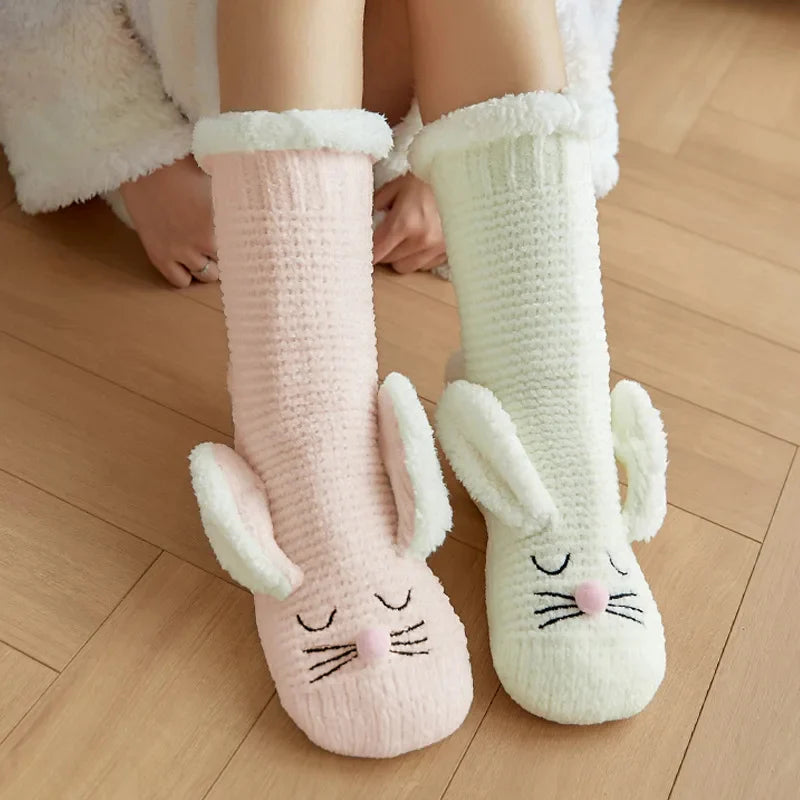 Women’s 3D Bunny Fleece-Lined Non-Slip Home Socks