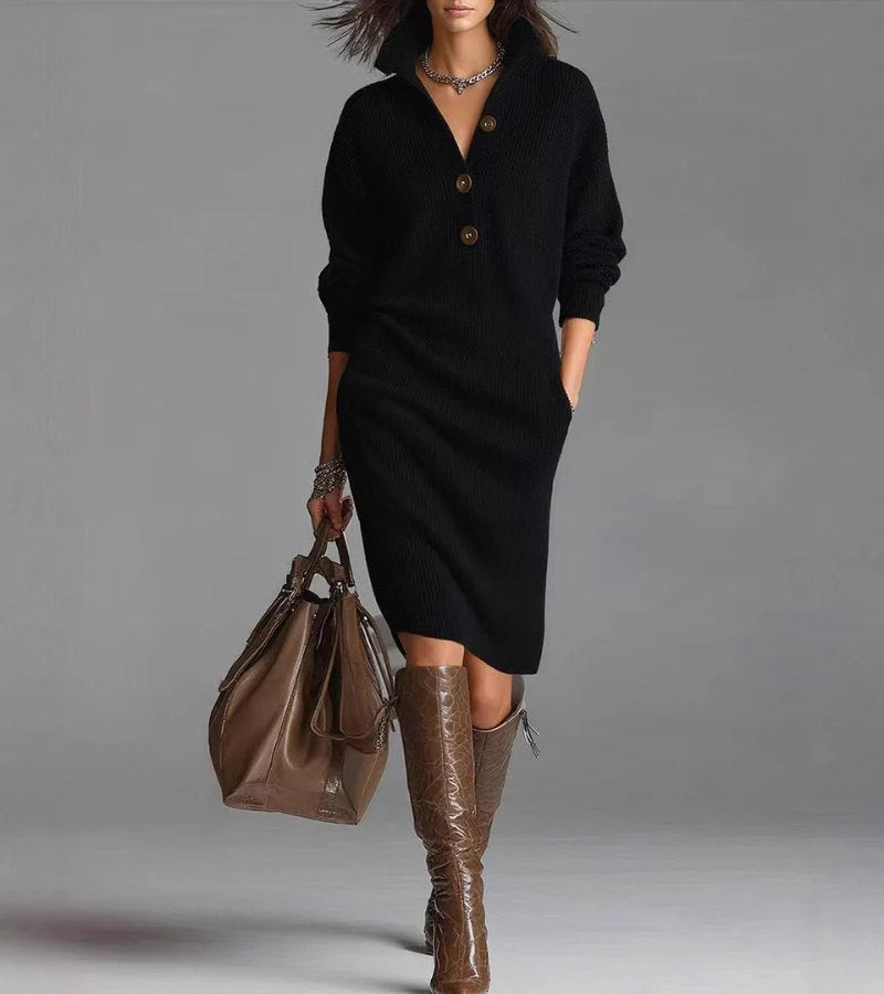Women’s High-Collar Button-Detail Warm Knit Midi Dress