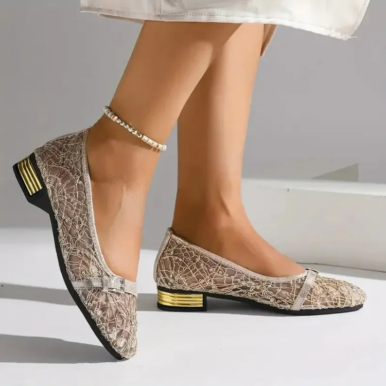 Women’s Sparkle Mesh Lace Loafers with Low Block Heel