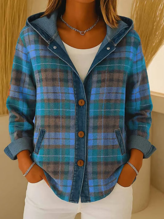 Women’s Contrast Check Hooded Denim Jacket