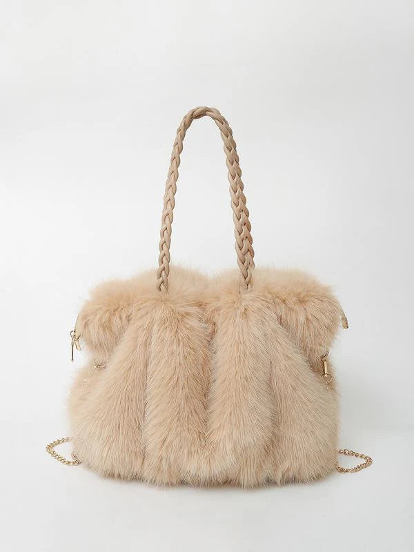 Sac cabas bandoulière en fausse fourrure avec anse tressée pour femme