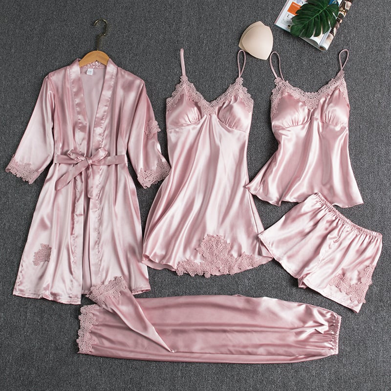 Women’s Silky Lace-Trim 5-Piece Nightwear Set