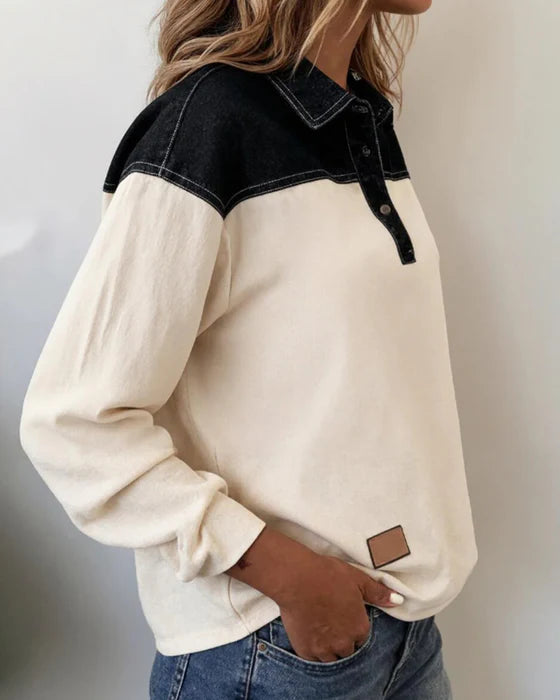Women's Denim Harmony Patchwork Lapel Blouse