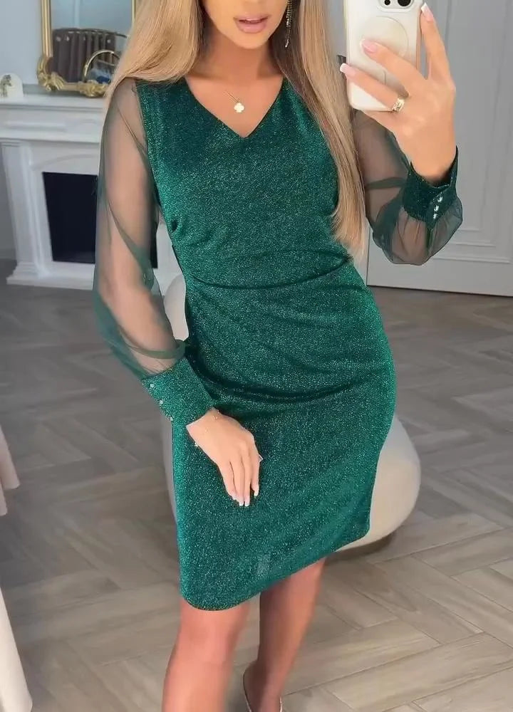 Women’s Sparkly V-Neck Mesh Sleeve Knee-Length Dress
