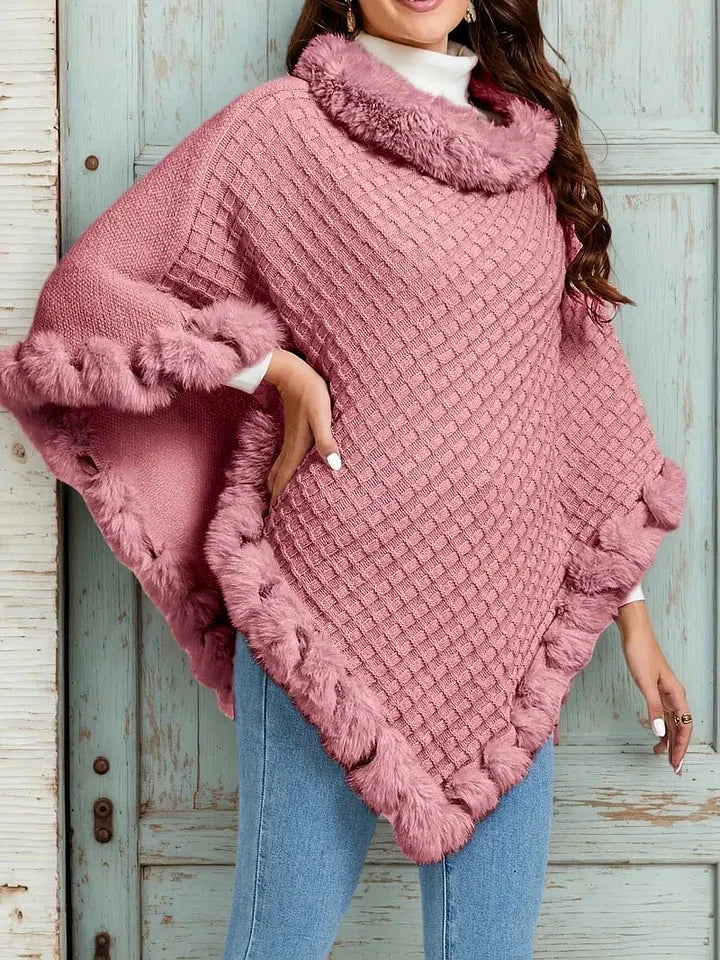 Women’s Faux-Fur Trim Knitted Winter Poncho Scarf
