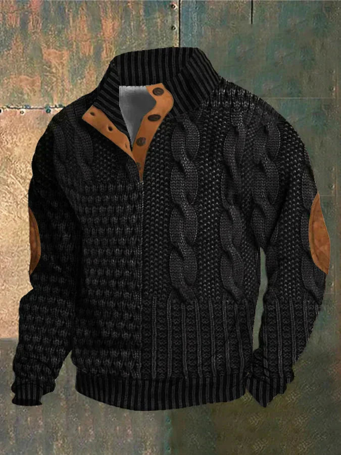 Men’s Button Collar Patchwork Cable Knit Jumper