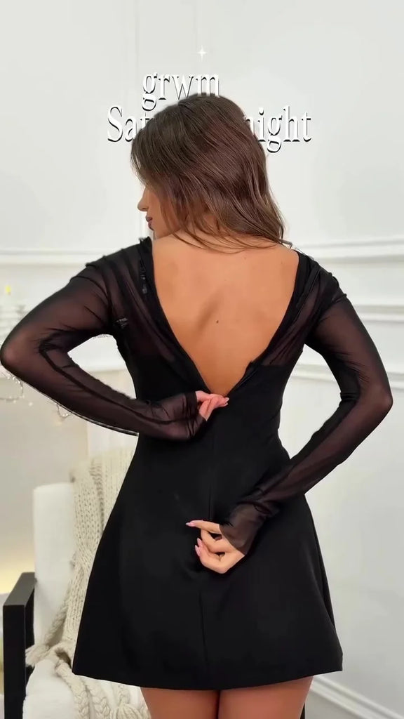 Women’s Patchwork Mesh Mini Dress with Sheer Long Sleeves