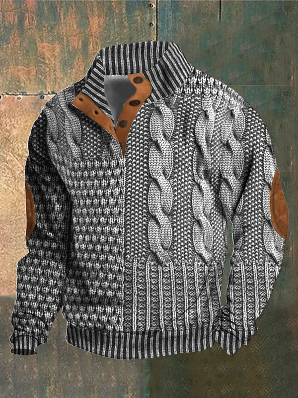 Men’s Button Collar Patchwork Cable Knit Jumper
