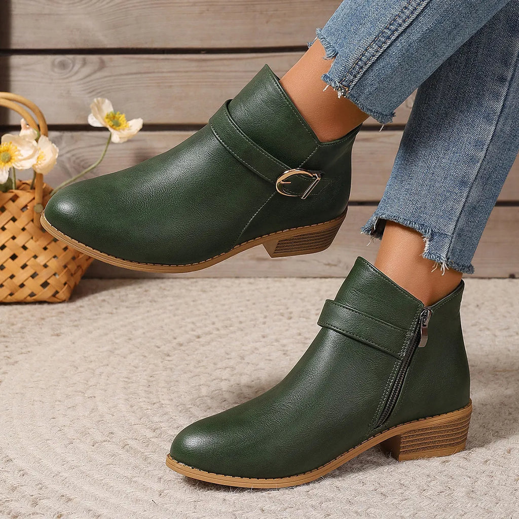 Women's Comfortable Chunky Heel Leather Ankle Boots