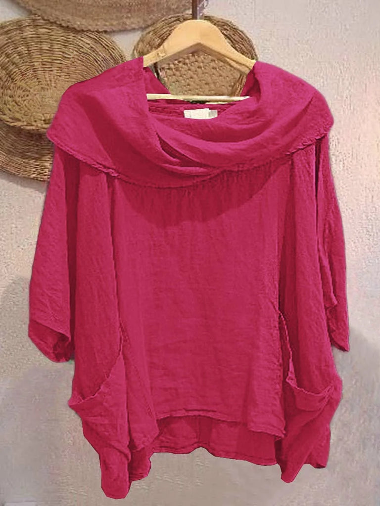 Women’s Draped Neck Linen-Blend Pocket Top