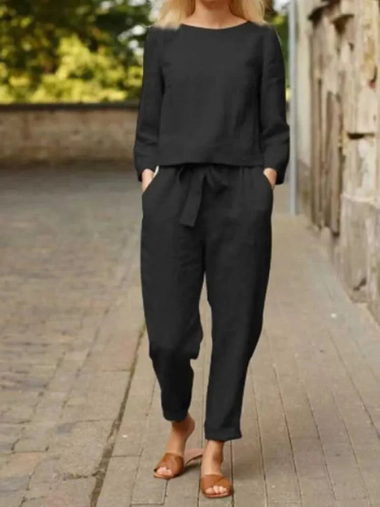 Women’s Linen-Cotton Two-Piece Set – Blouse & Trousers