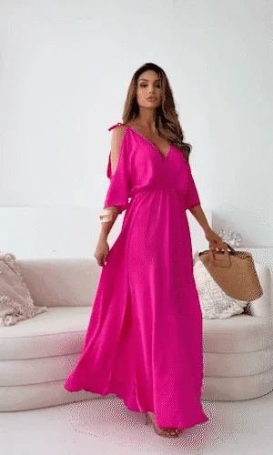 Women’s Off Shoulder V Neck Maxi Dress with High Slit