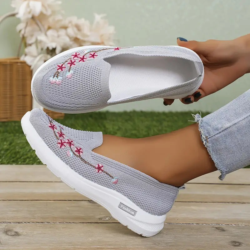 Women's Knit Walking Shoes - Embroidered & Slip-On