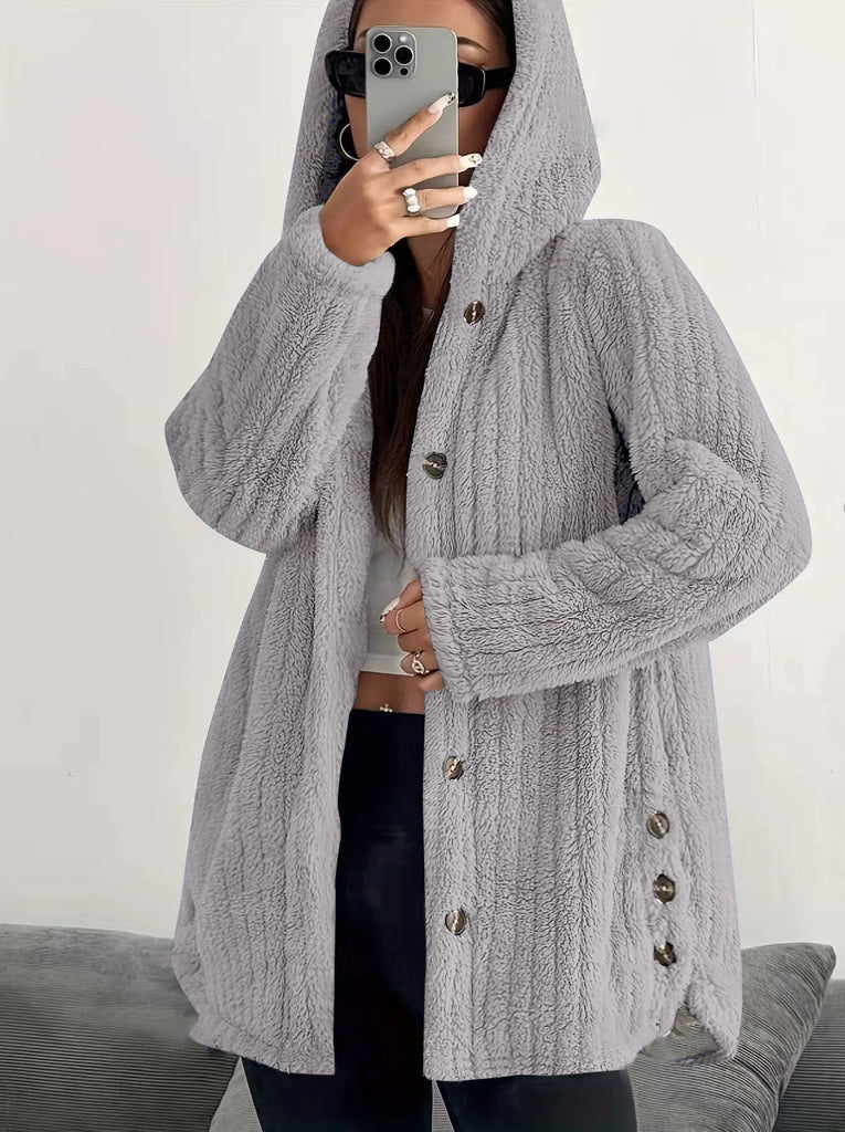Women’s Longline Hooded Plush Fleece Button Jacket