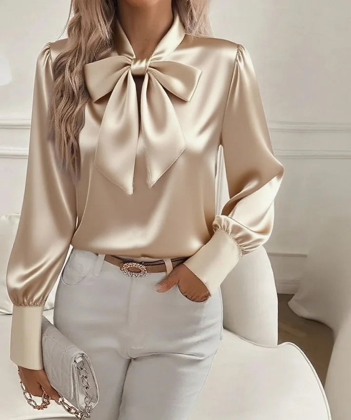Women’s Satin Bow-Tie V-Neck Blouse