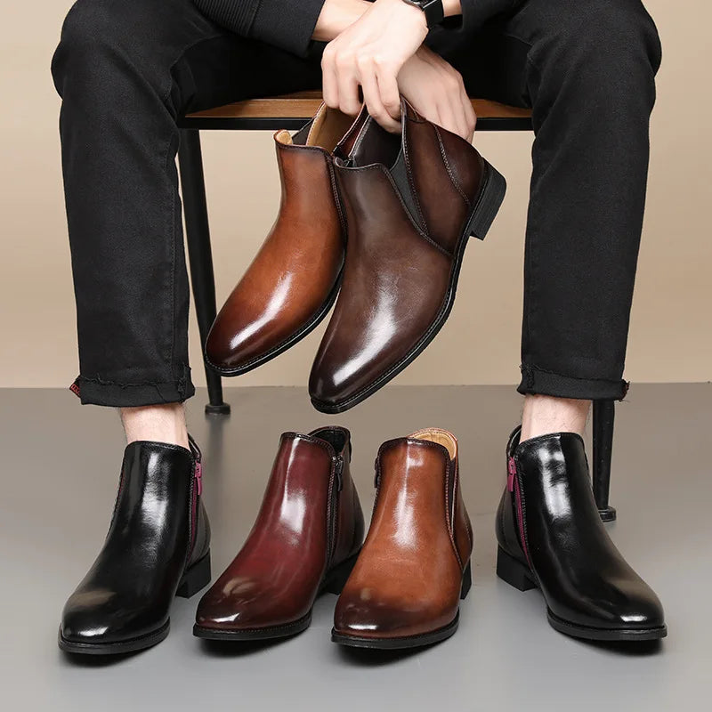 Men’s Glossy Leather Side-Zip Cushioned Ankle Boots