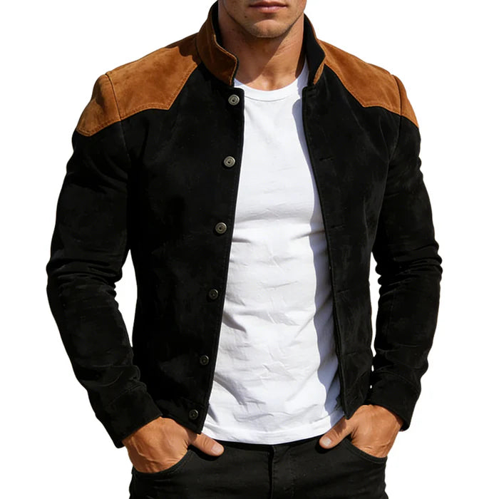 Men’s Retro Colour Block Faux Suede Button Jacket