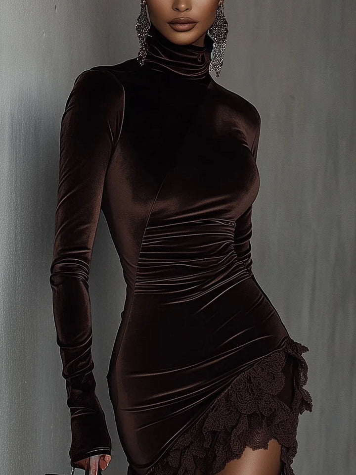 Women’s Velvet Turtleneck Lace-Hem Ruched Mini Dress