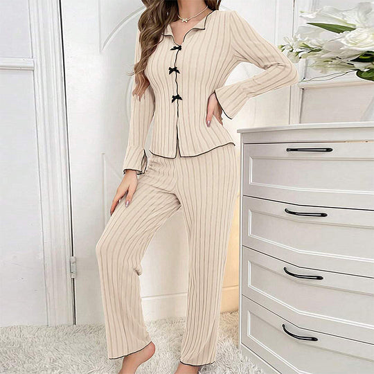 Women’s Ribbed Knit Bow-Detail Lapel Pyjama Set