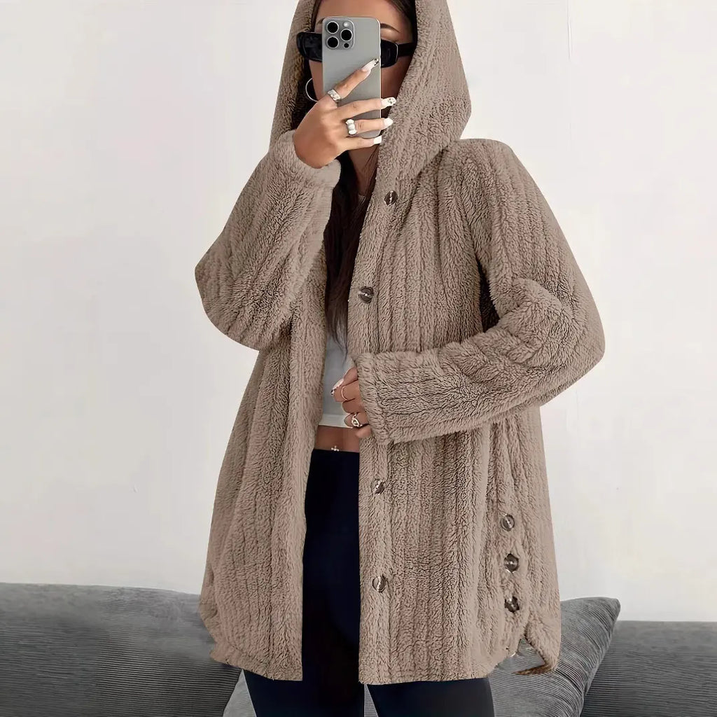 Women’s Longline Hooded Plush Fleece Button Jacket