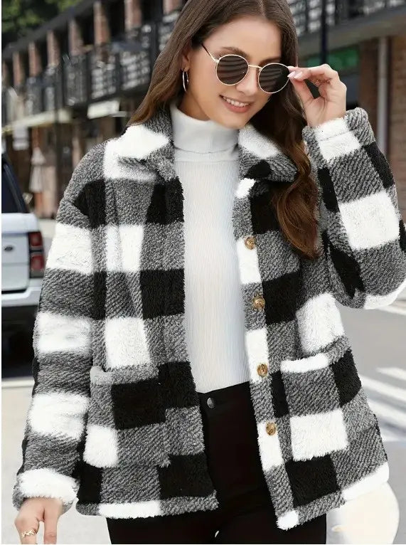 Women’s Checkered Plush Button-Up Jacket