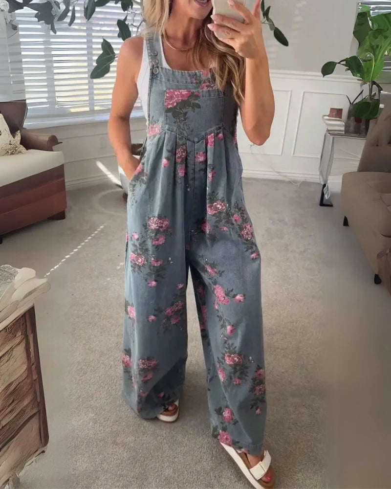 Women’s Relaxed Printed-Pocket Denim Overall