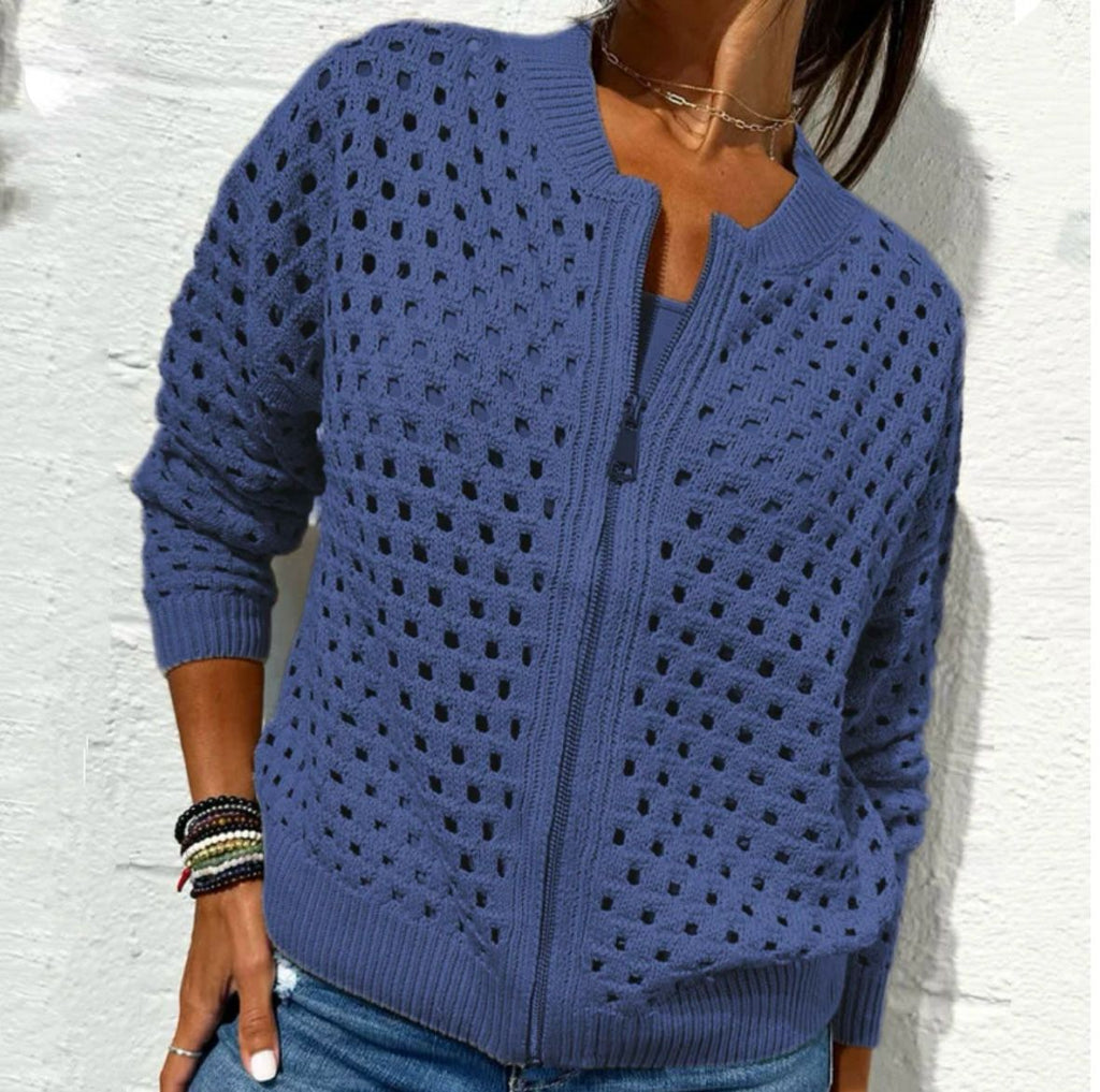 Women's Casual Zipper Knit Jacket with Hollow Design