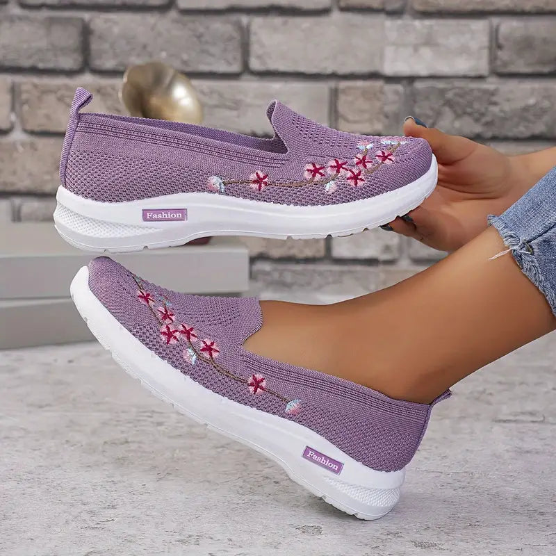 Women's Knit Walking Shoes - Embroidered & Slip-On
