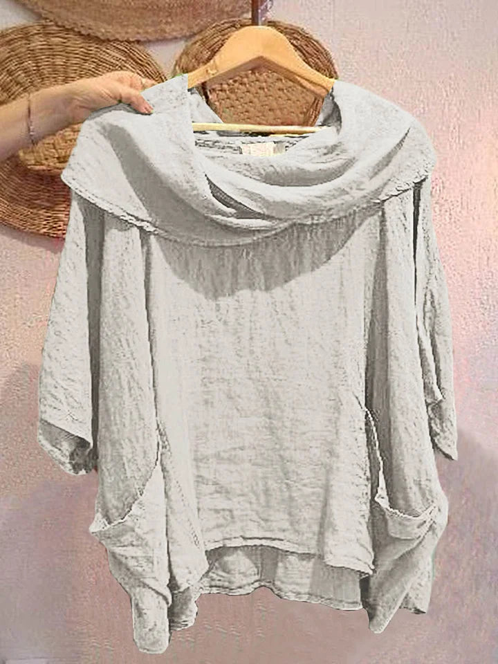 Women’s Draped Neck Linen-Blend Pocket Top