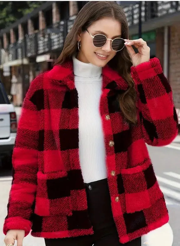 Women’s Checkered Plush Button-Up Jacket