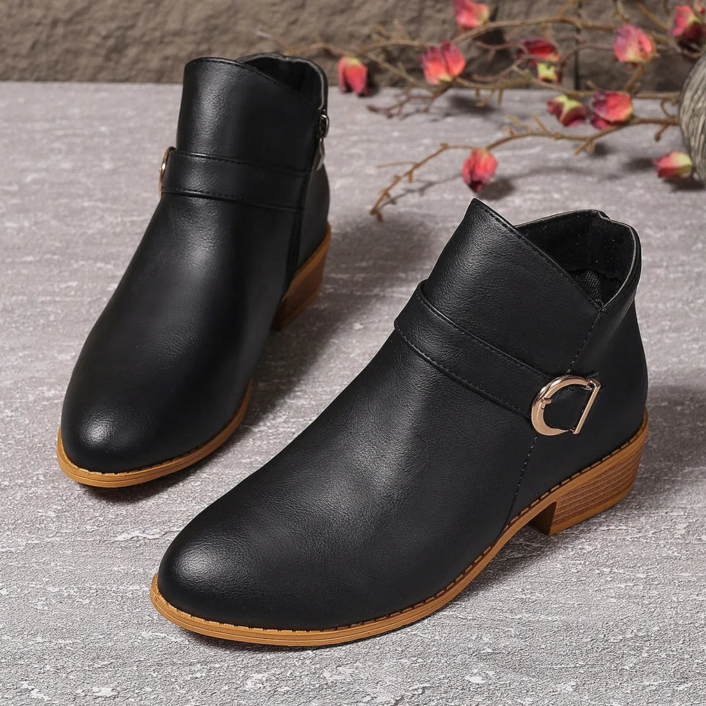 Women's Comfortable Chunky Heel Leather Ankle Boots