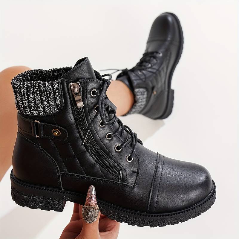 Women’s Lace Up Ankle Boots with Side Zip and Knit Collar