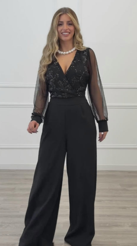 Women’s Sequin-Embellished Long Sleeve Mesh Jumpsuit