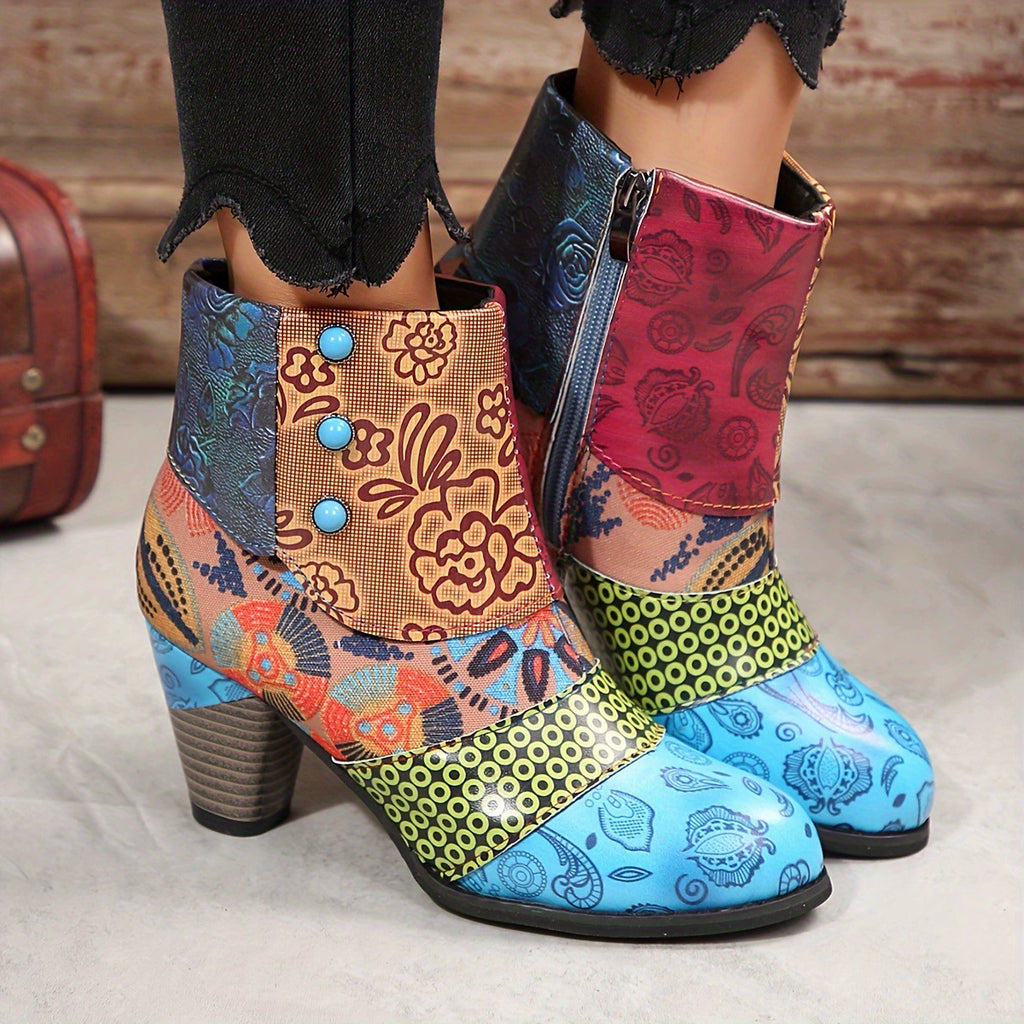 Women’s Patchwork Print Side Zip Ankle Boots