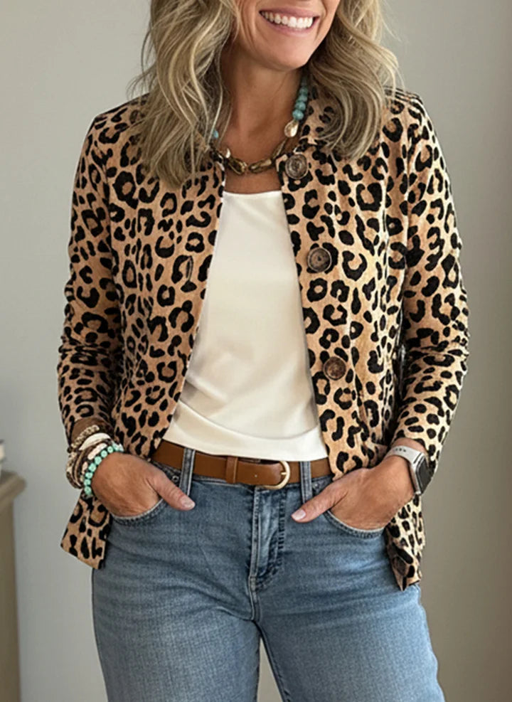 Women's Casual Lapel Leopard Print Pocket Jacket