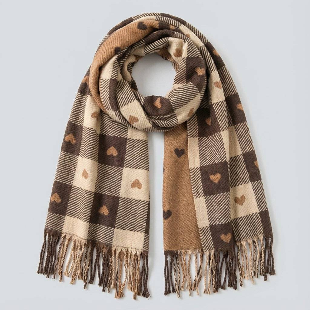 Heart Check Wool Blend Tassel Scarf Wrap