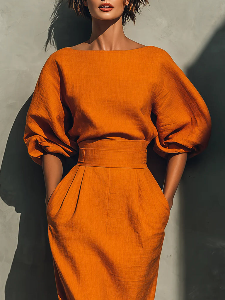 Women’s Bright Orange Puff Sleeve Midi Co-Ord Set