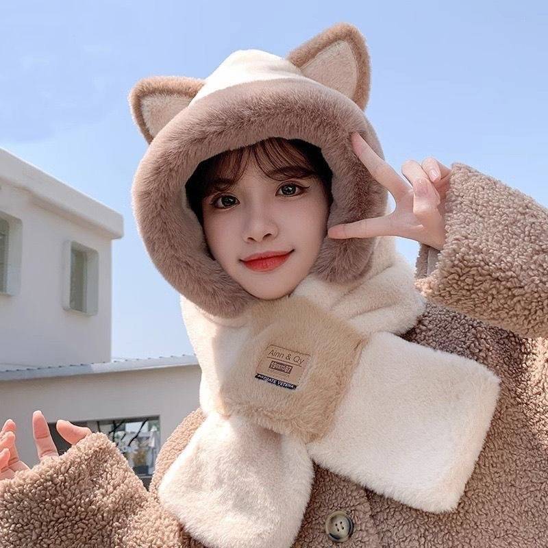 Women’s Plush Hooded Scarf Hat With Ears