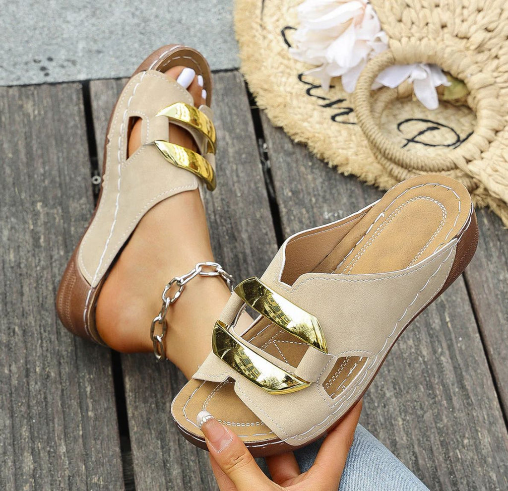 Women's Orthopedic Sandals with Wide Toe, Metal Buckle and Embellishment