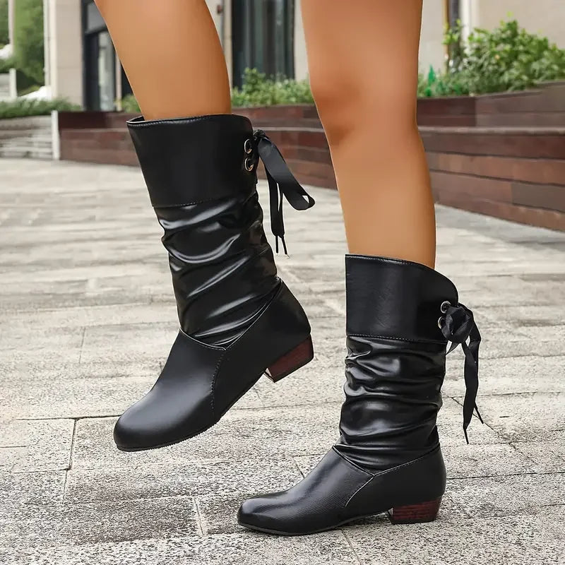 Women's Fashion Lace Up Chunky Heel Mid Calf Boots