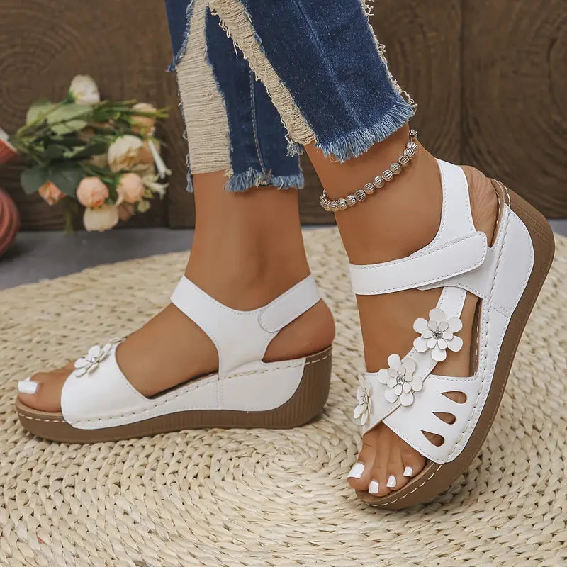 Women's White Floral Wedge Sandals
