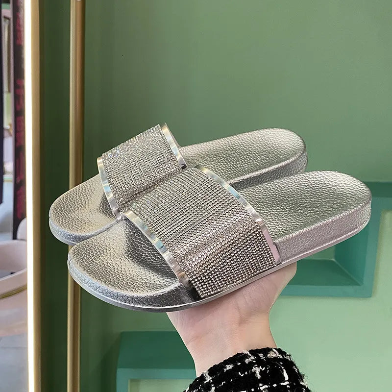 Women’s Rhinestone Patent-Effect Thick-Soled Slide Slippers