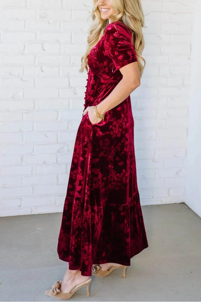 Women’s Embossed Velvet Button-Front Lace-Trim Maxi Dress