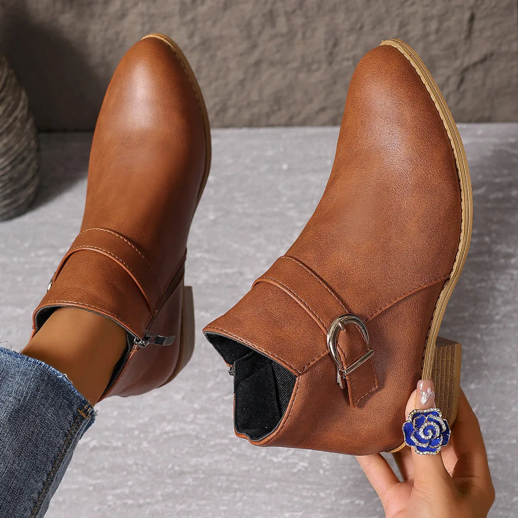 Women's Comfortable Chunky Heel Leather Ankle Boots