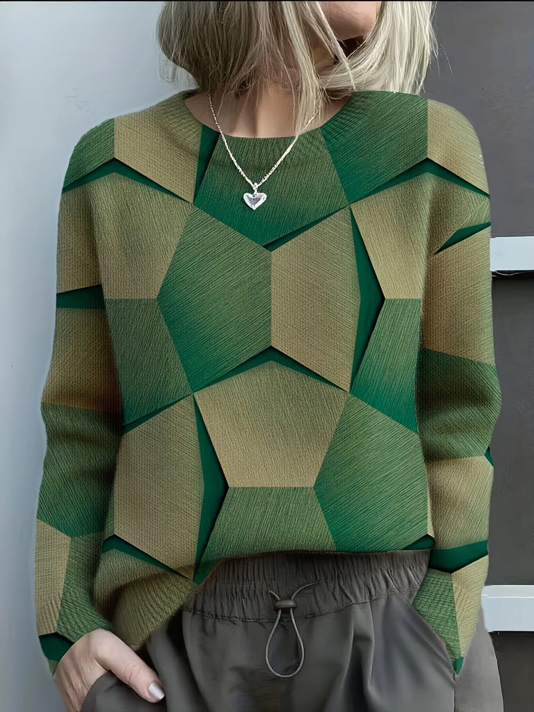 Knitted 3D Geometric Print Sweater