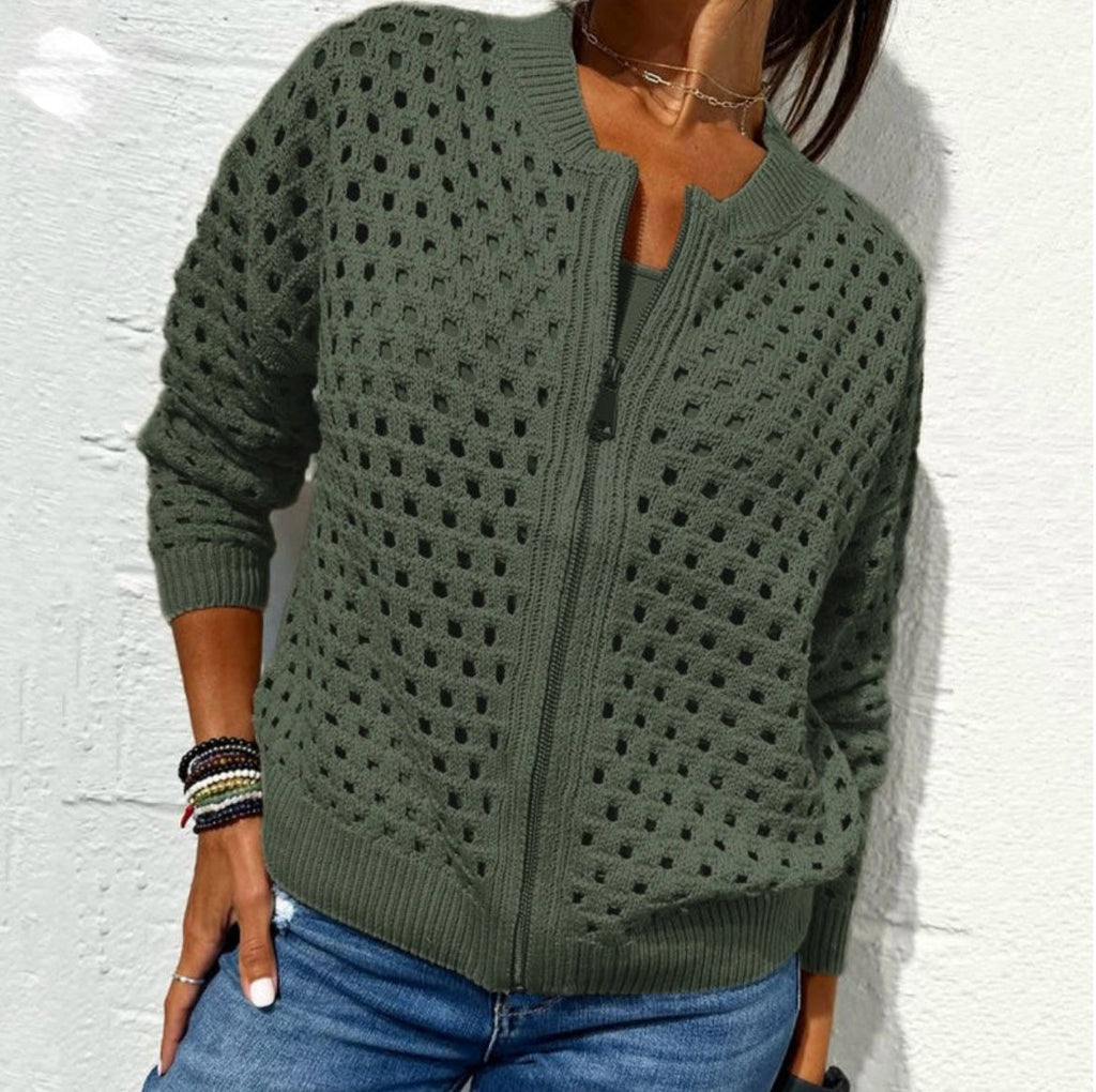 Women's Casual Zipper Knit Jacket with Hollow Design