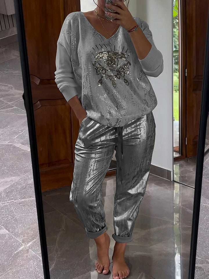 Women’s Metallic Lounge Two Piece Set with V Neck Top